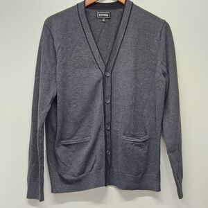 Express Button Front Cardigan Sweater Y2K Medium Gray Pockets Casual Classic
